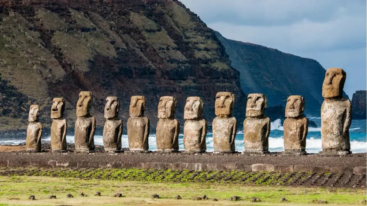 Fila de moais do Ahu Tongariki com a falésia e o mar ao fundo