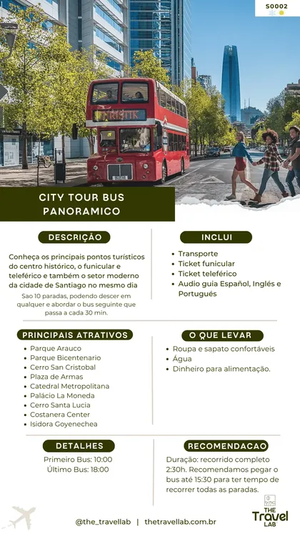 Ficha do City Tour Bus Panorâmico por Santiago, com as 10 paradas do circuito