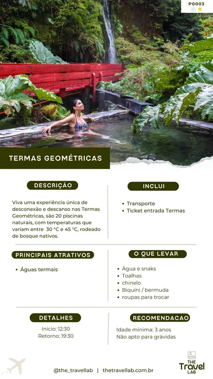 Ficha do passeio às Termas Geométricas, com as 20 piscinas naturais na mata nativa