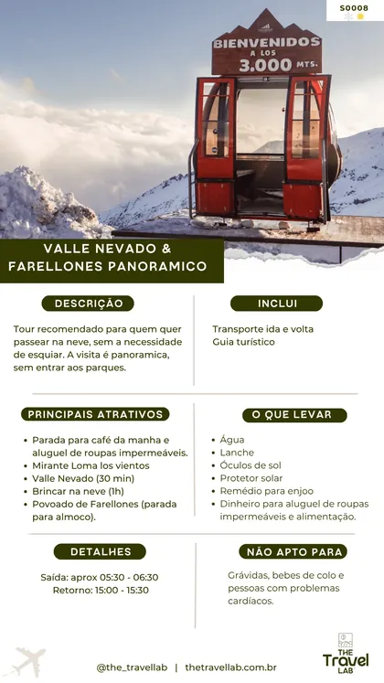 Ficha do tour panorâmico a Valle Nevado e Farellones, sem entrar nos parques
