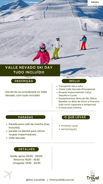 Ficha do Valle Nevado Ski Day, com equipamento, roupa e 2 horas de aula coletiva