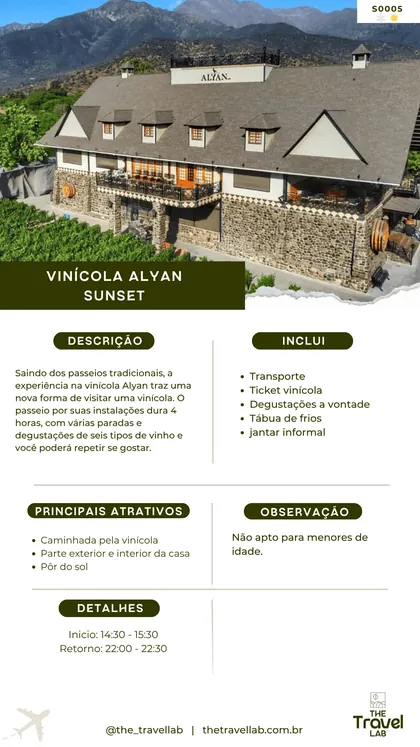 Ficha da vinícola Alyan Sunset, com degustação à vontade e jantar informal